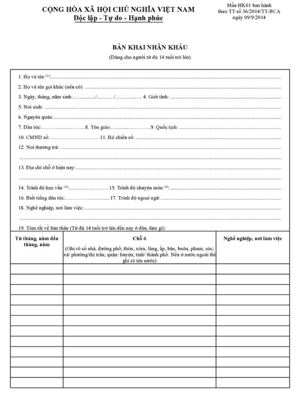 Mẫu kê khai nhân khẩu hiện nay viết như thế nào?