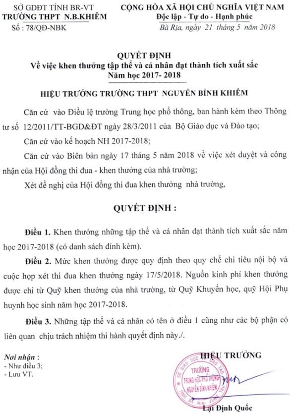 Mẫu quyết định khen thưởng học sinh