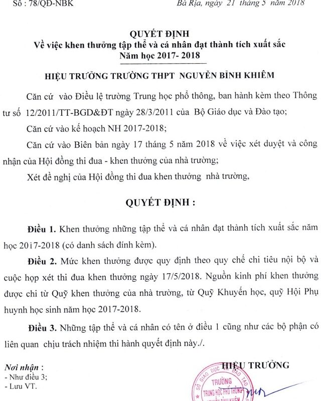 Mẫu quyết định khen thưởng học sinh