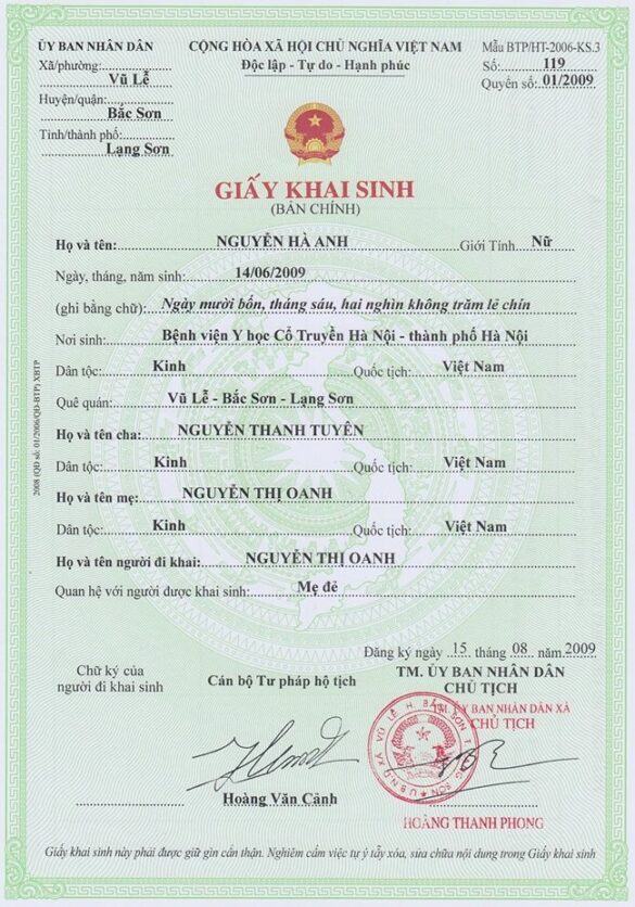 Authenticate Vietnamese Birth Certificate Vietnam 9425