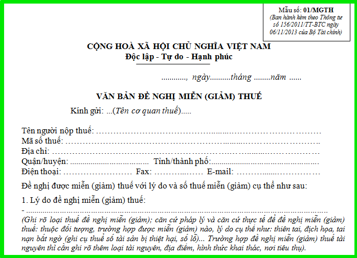 Mẫu đơn xin miễn thuế xây dựng nhà ở