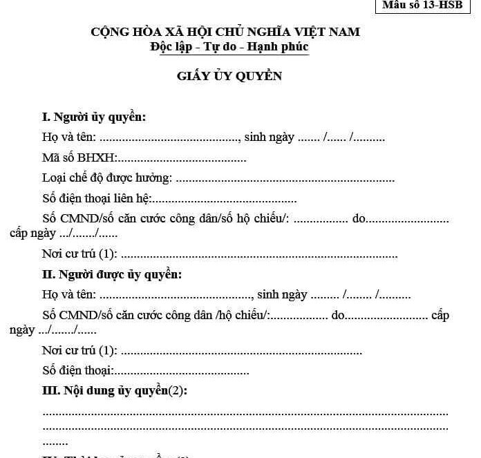 Mẫu ủy quyền nhận lương hưu mới nhất