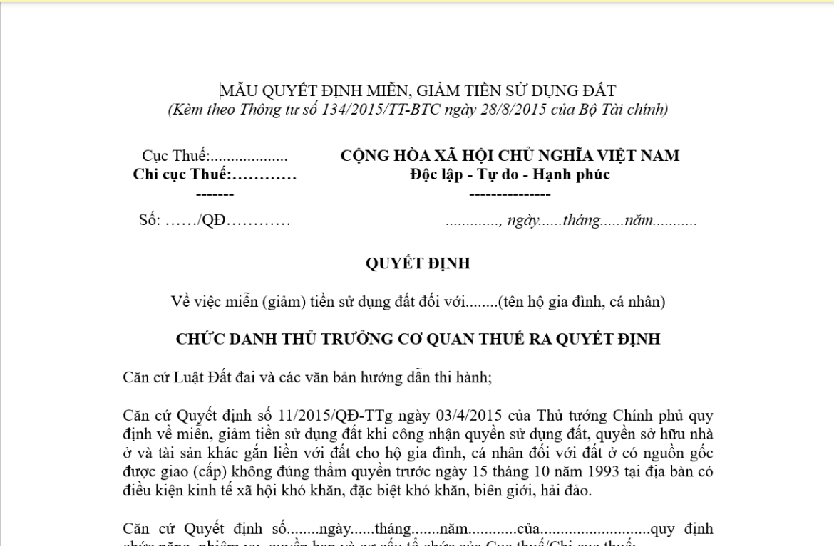Mẫu quyết định miễn, giảm tiền sử dụng đất