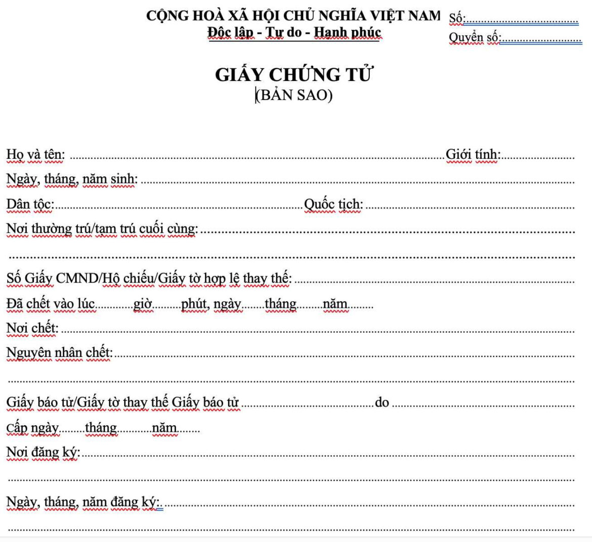 Mẫu tờ khai (mẫu đơn) xin cấp lại giấy chứng tử năm 2023