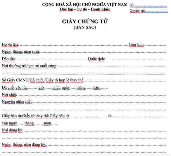 Mẫu tờ khai (mẫu đơn) xin cấp lại giấy chứng tử năm 2023