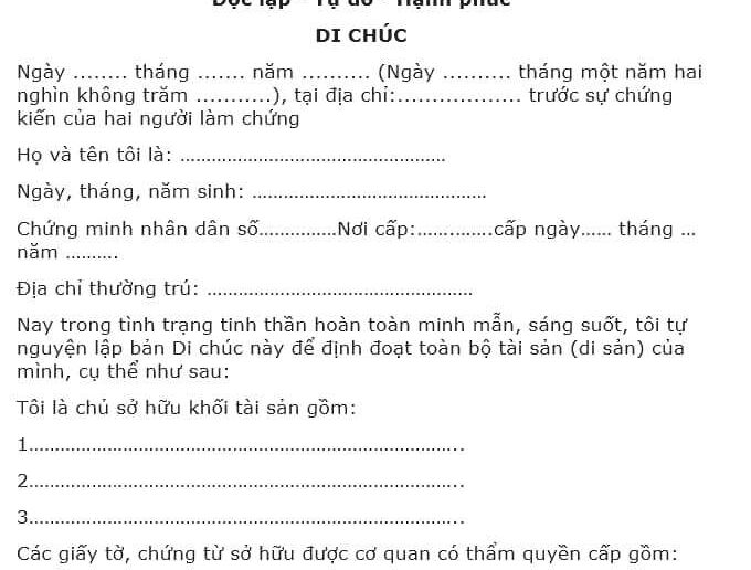 Mẫu viết di chúc thừa kế đất đai